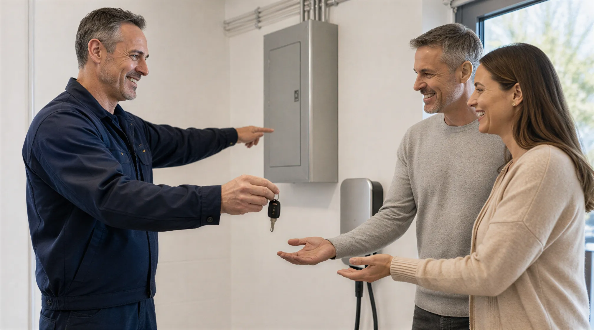 Ein erfahrener Elektriker übergibt lächelnd die Schlüssel an ein zufriedenes Hausbesitzerpaar vor einer neuen Wallbox.