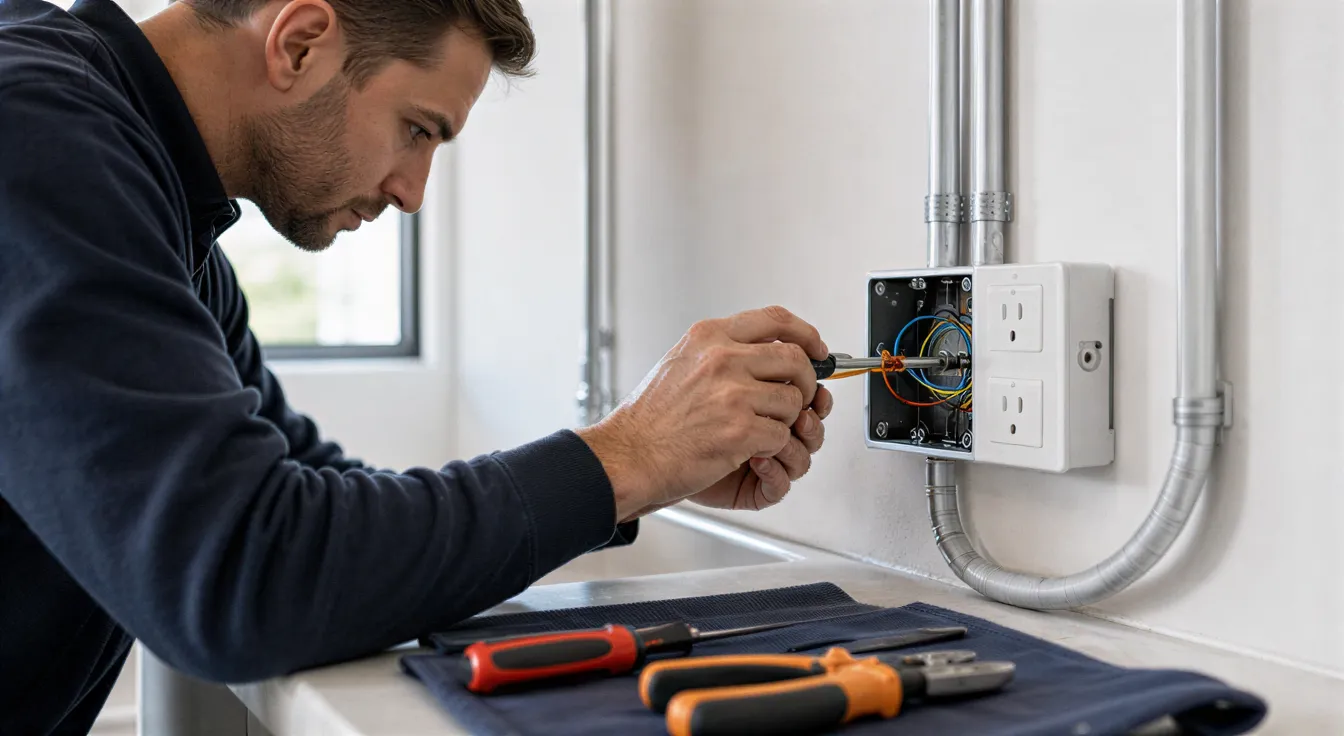 Ein Elektriker installiert eine moderne Steckdose in einem sauberen, hellen Technikraum.