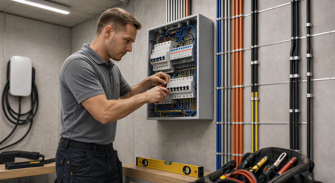 Ein Elektriker installiert einen modernen Sicherungskasten in einem sauberen Elektroraum mit farbcodierten Kabeln.