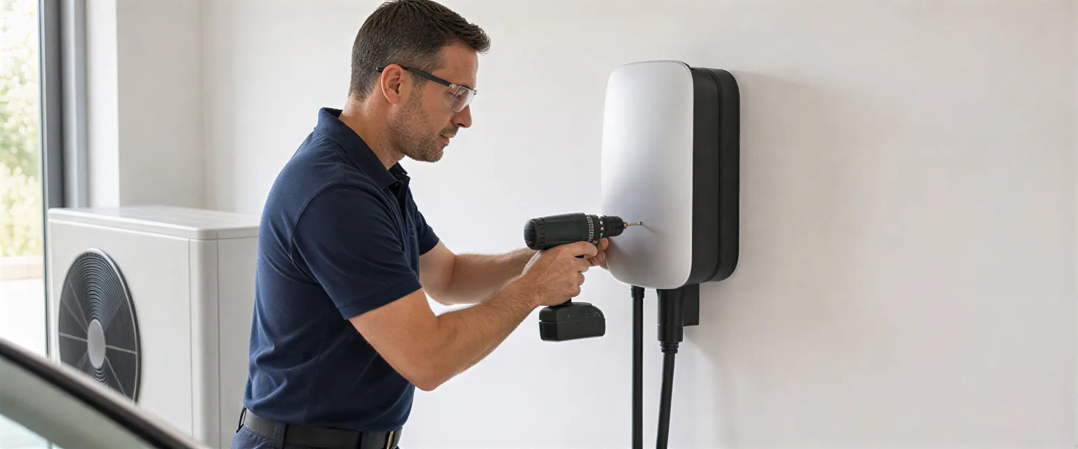 Ein Elektriker installiert eine Wandladestation für Elektroautos in einer sauberen, modernen Garage.