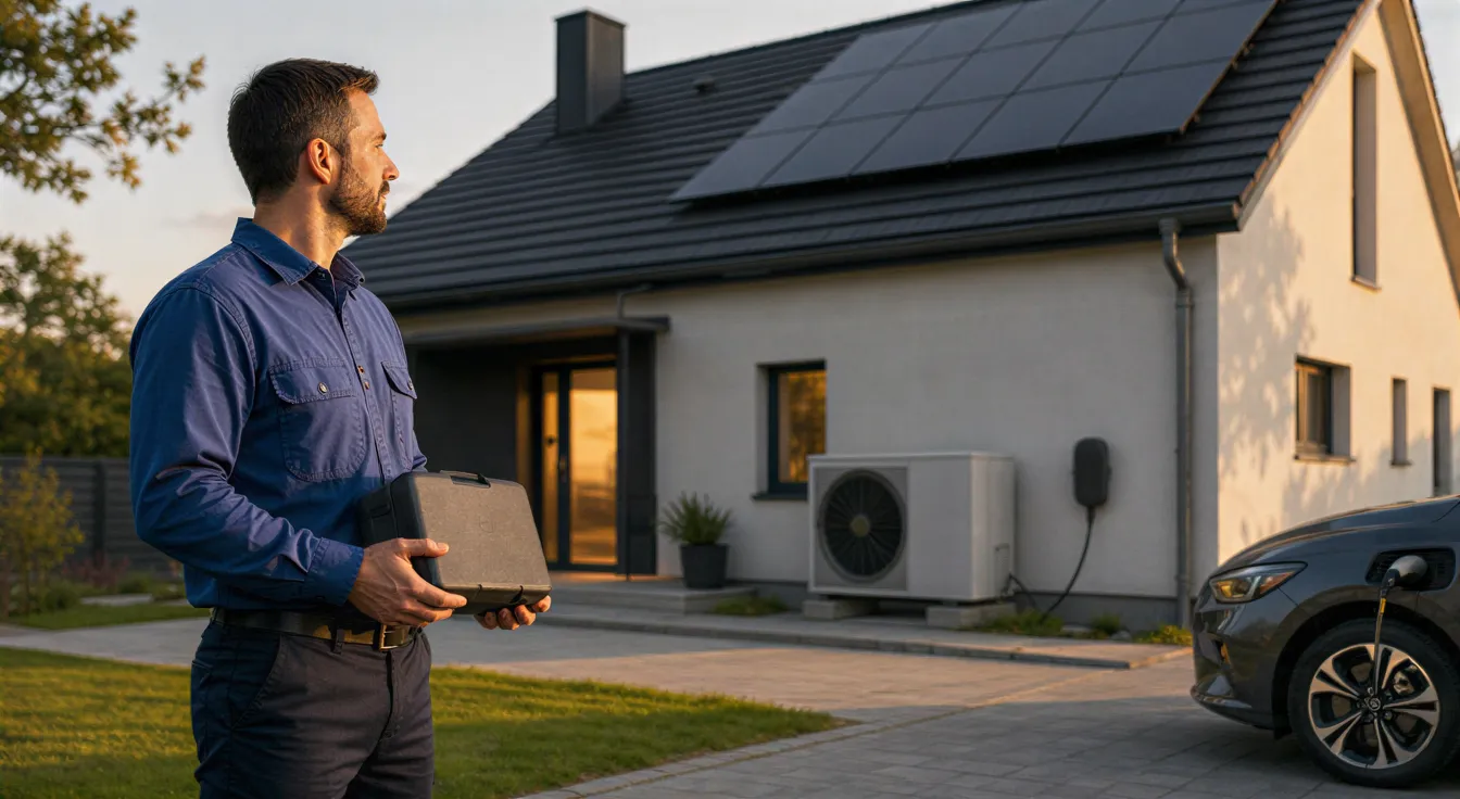 Ein Elektriker in blauer Arbeitskleidung steht vor einem modernen Haus mit Wärmepumpe, Solaranlage und Ladestation.