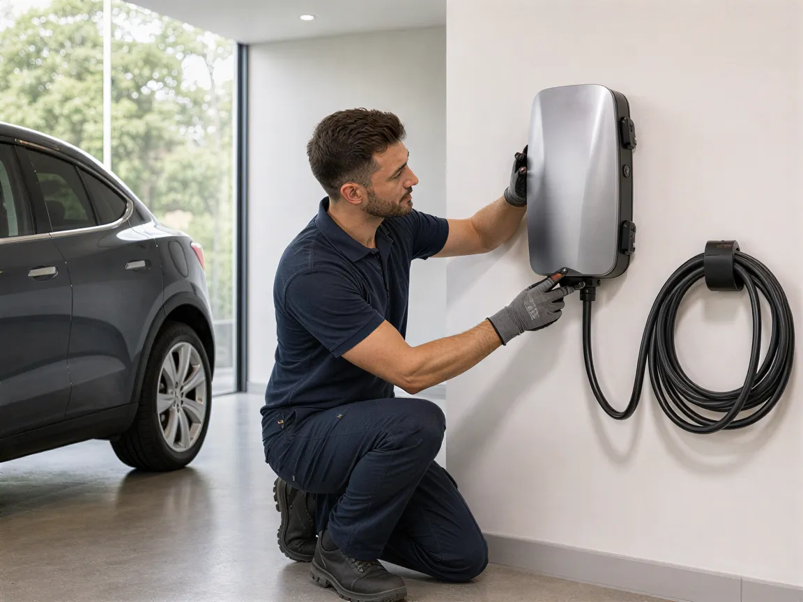 Ein Elektriker installiert eine Wandladestation für Elektroautos in einer modernen Garage.