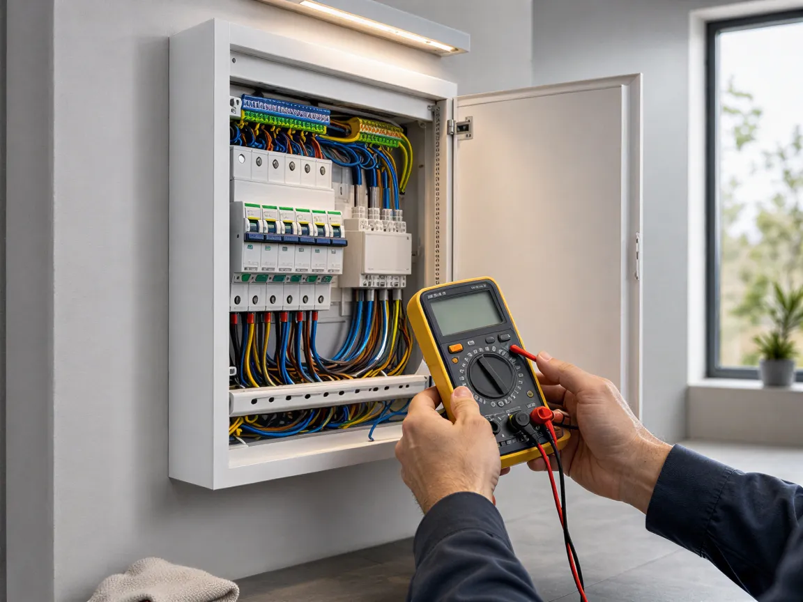 Ein Elektriker überprüft mit einem Multimeter die farblich sortierte Verkabelung in einem modernen Verteilerkasten.