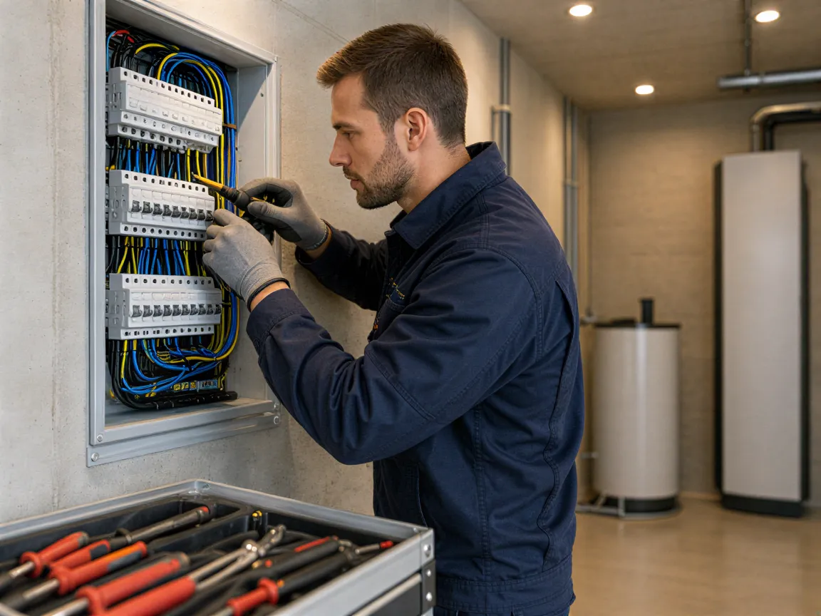 Ein Elektriker in Sicherheitshandschuhen verbindet Kabel in einem geöffneten, modernen Sicherungskasten.