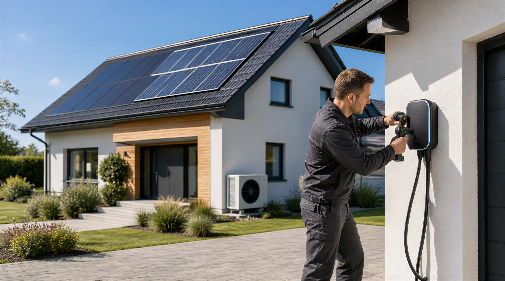 Ein Elektriker installiert eine Wallbox für ein Elektroauto an der Garage eines modernen Hauses mit Solaranlage.
