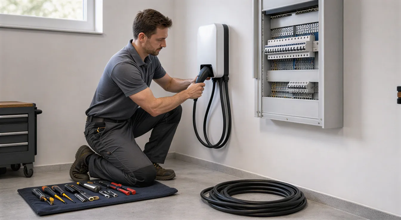 Ein Elektriker überprüft eine neu installierte Wallbox für Elektroautos in einem sauberen Technikraum.