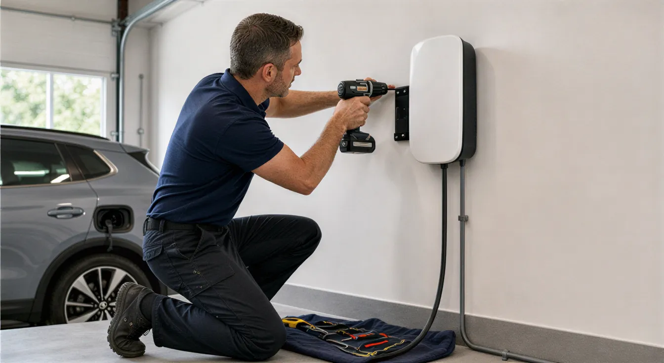 Ein Elektriker installiert eine weiße Wallbox für ein Elektroauto in einer sauberen Garagenwand.