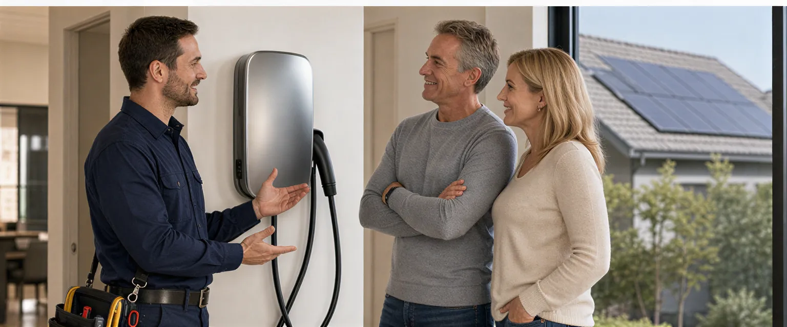 Ein Elektriker zeigt einem Ehepaar eine neu installierte Wallbox für ihr Elektroauto in ihrem modernen Zuhause.