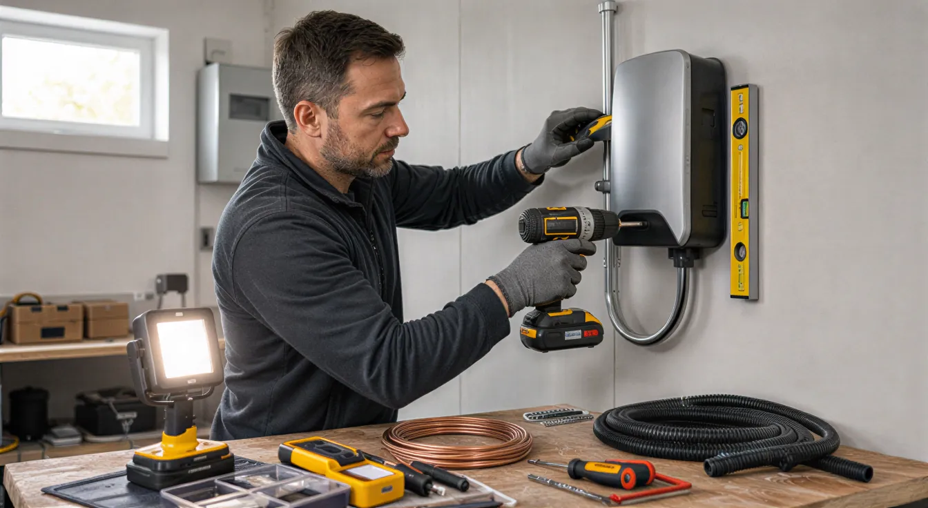Ein Elektriker installiert eine Wandladestation für Elektroautos in einem modernen Technikraum.