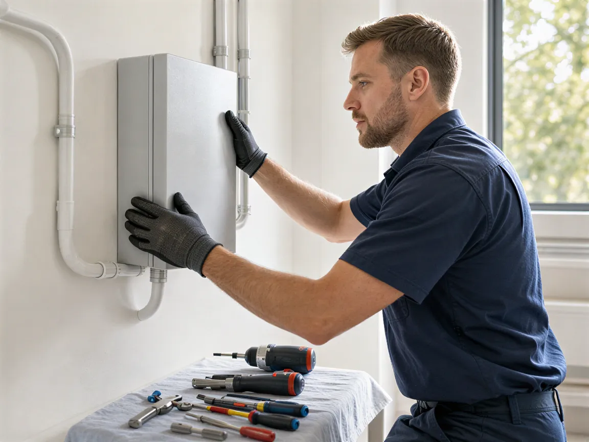 Ein Elektriker installiert eine moderne Elektroinstallationsdose an einer weißen Wand in einem hellen Technikraum.