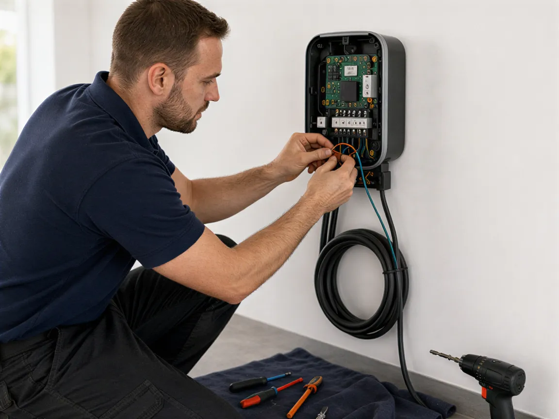 Ein Elektriker installiert sorgfältig eine moderne Wallbox für Elektroautos an einer weißen Garagenwand.