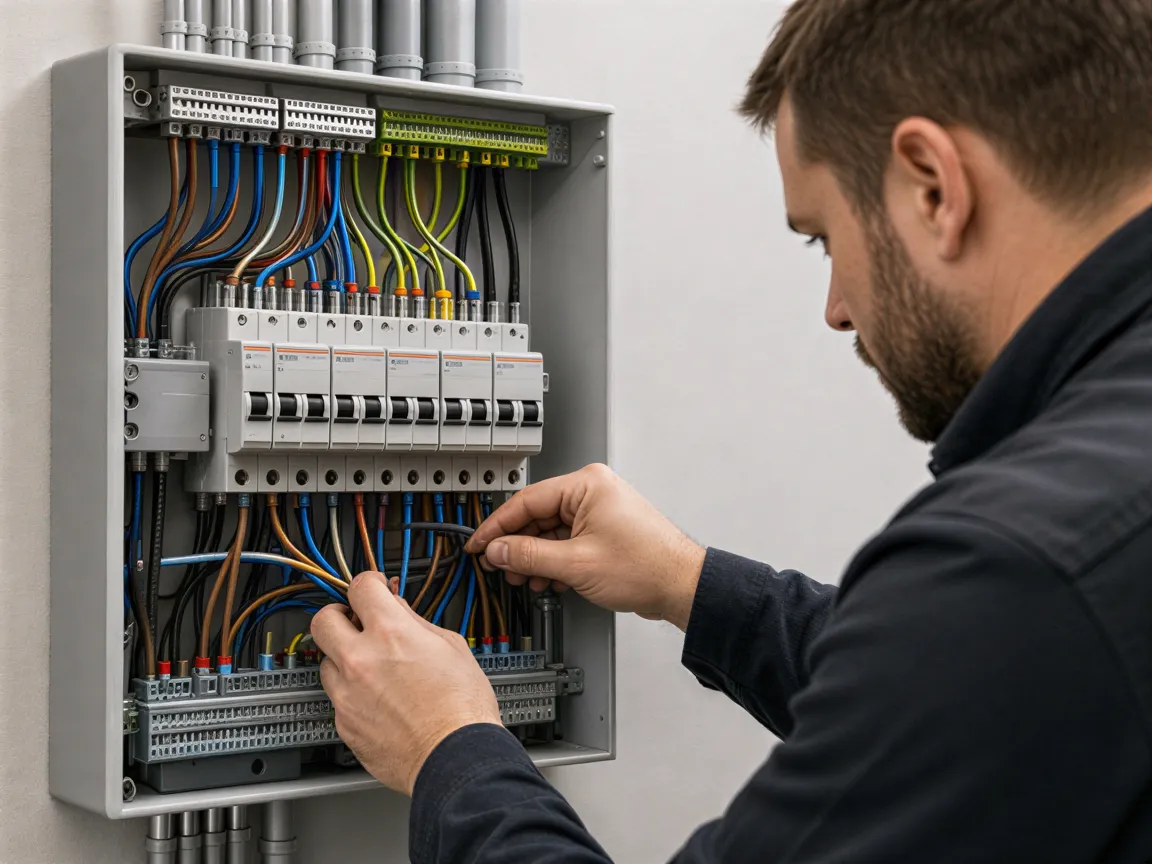 Ein Elektriker installiert ein modernes Verteilerpanel mit farbcodierten Kabeln in einem sauberen Technikraum.