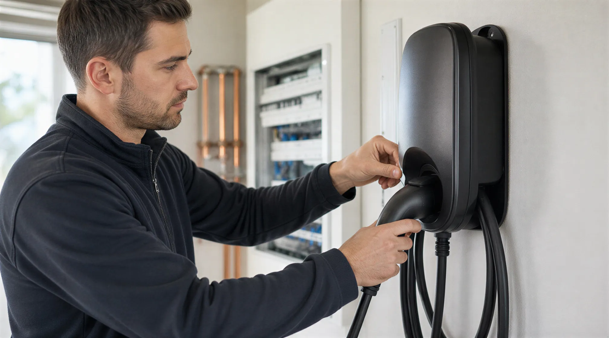 Ein Elektriker schließt präzise eine weiße Wallbox für Elektroautos in einem sauberen Technikraum an.