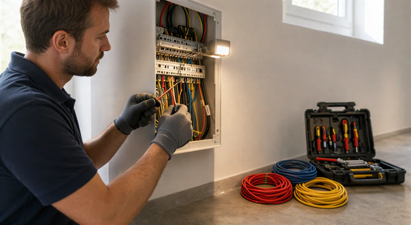Ein Elektriker verbindet farbige Kabel in einer weißen Wanddose in einem modernen Technikraum.