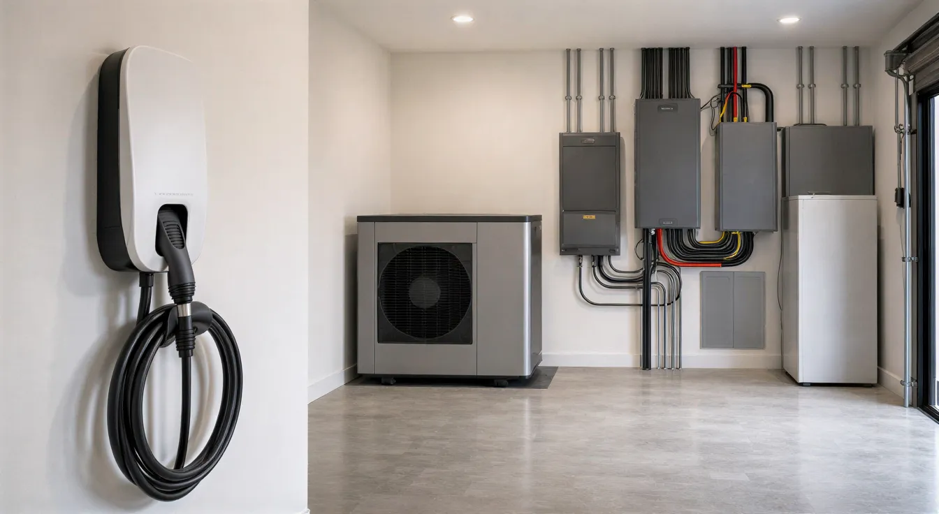 Eine weiße Wallbox zum Laden eines Elektroautos in einem sauberen Technikraum mit Wärmepumpe und Schaltschrank.