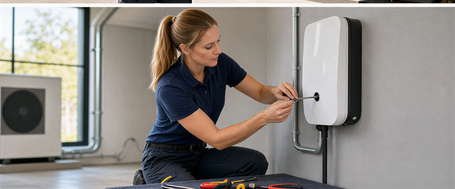 Eine Elektrikerin installiert eine Ladestation für Elektroautos in einer modernen Garagenwand.