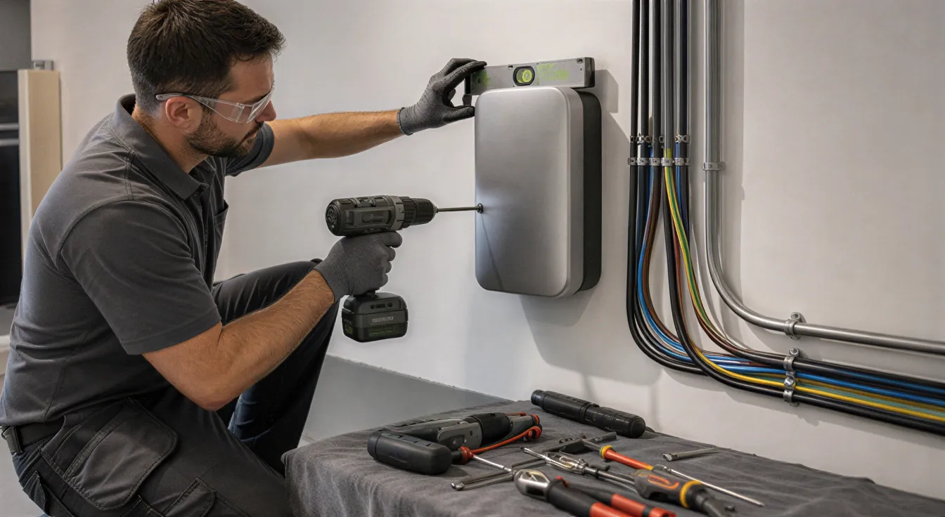 Ein Elektriker installiert einen silbernen Wandladegerät an einer weißen Wand in einem modernen Technikraum.