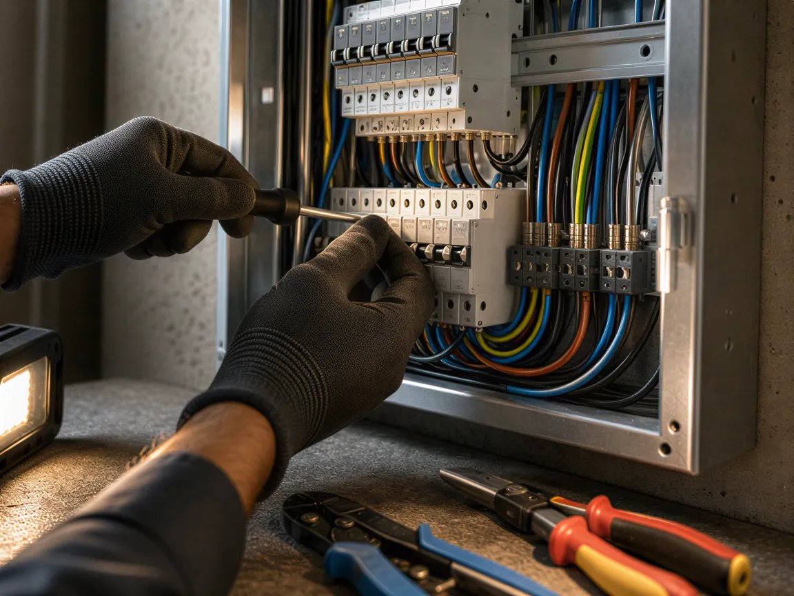 Die Hände eines Elektrikers verbinden farbcodierte Kabel in einem modernen Verteilerkasten.