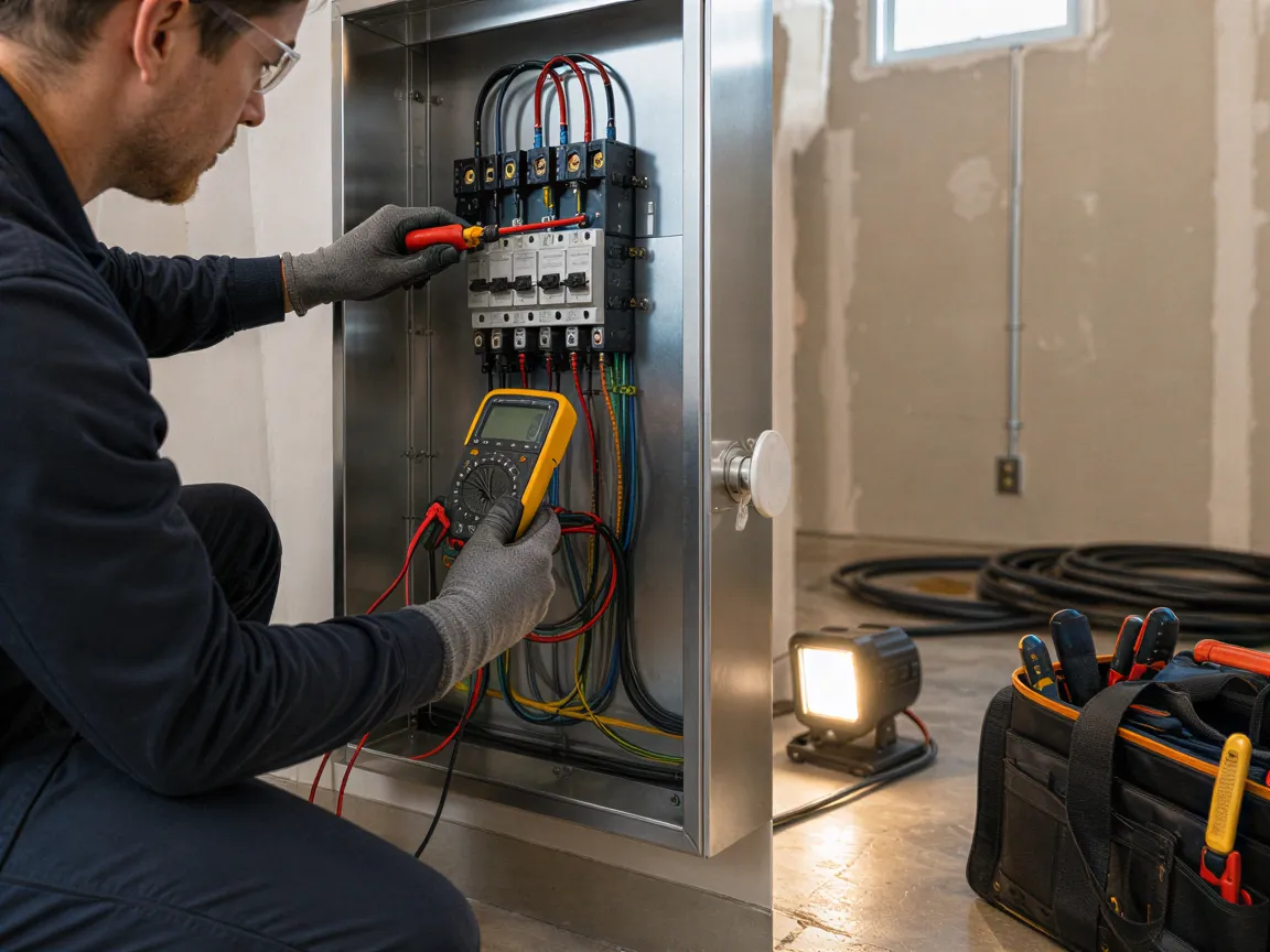Ein Elektriker installiert präzise einen Edelstahl-Stromkasten in einem neuen Technikraum.