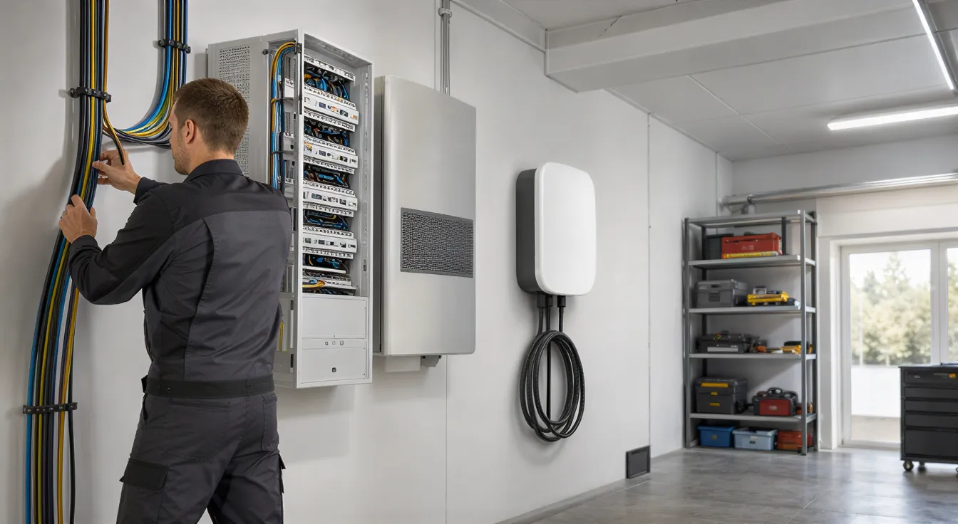 Ein Elektriker installiert farbige Kabel in eine Verteilerdose neben einer Wärmepumpe und Ladestation.