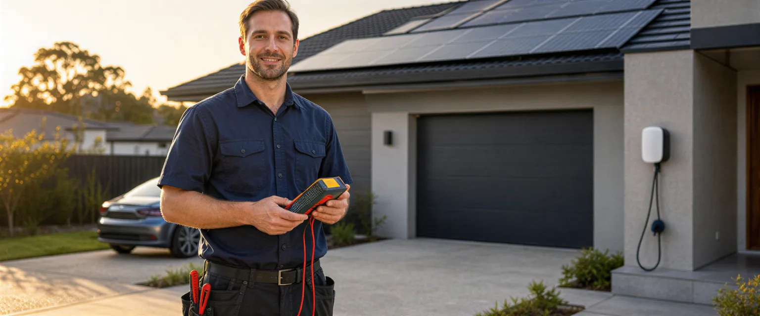 Ein Elektriker in blauer Arbeitskleidung prüft mit einem Multimeter eine Solaranlage an einem modernen Haus.