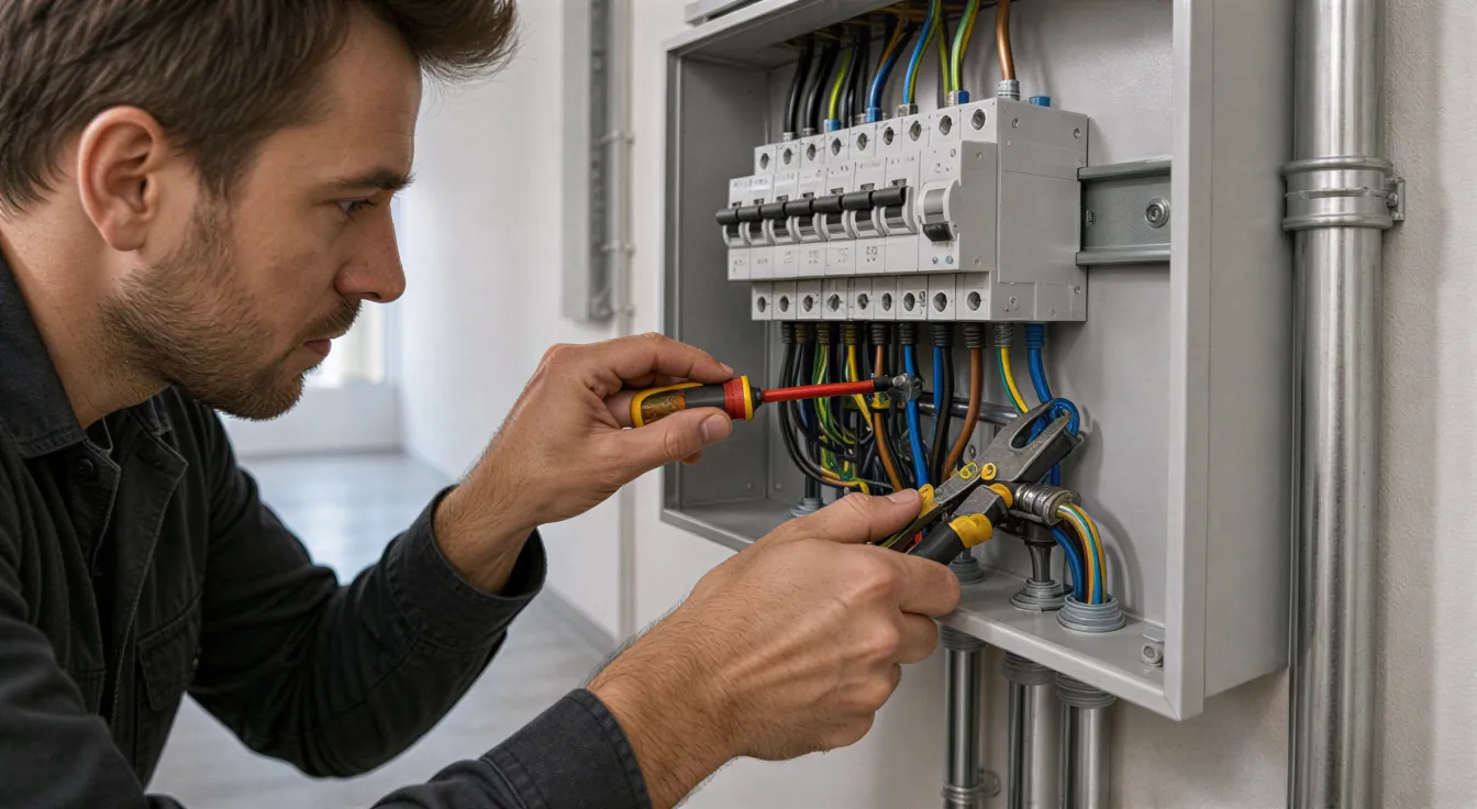 Ein Elektriker installiert ein modernes Wandschaltpult mit farblich sortierten Kabeln in einem neuen Technikraum.