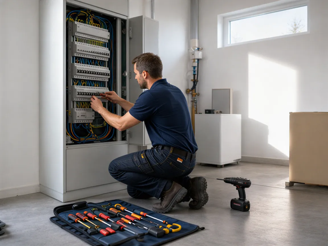 Ein Elektriker in blauer Arbeitskleidung installiert einen modernen Sicherungskasten in einem neuen Technikraum.