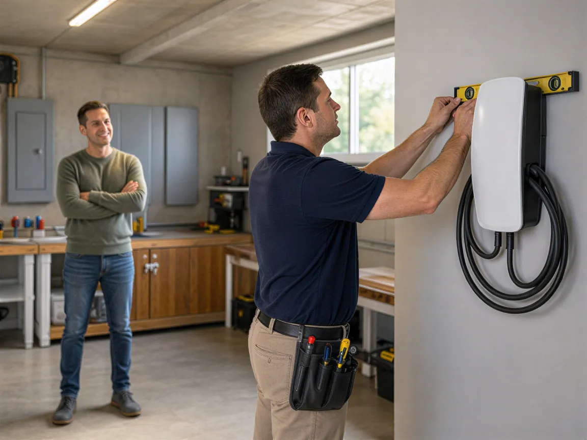 Ein Elektriker installiert eine moderne Wallbox für Elektroautos in einer sauberen Garage, während der Hausbesitzer zusieht.