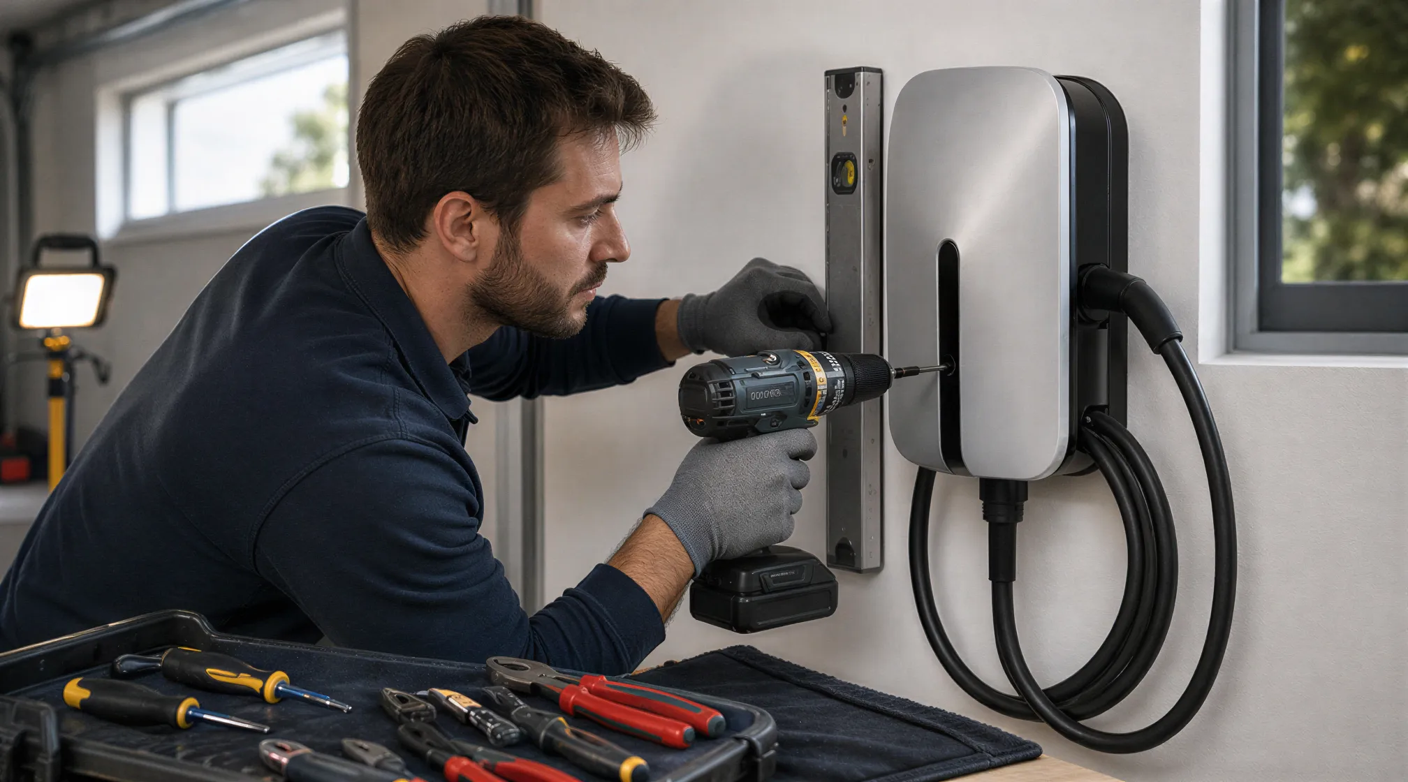 Ein Elektriker installiert einen modernen Ladepunkt für Elektroautos an einer sauberen Wand in einer Garage.