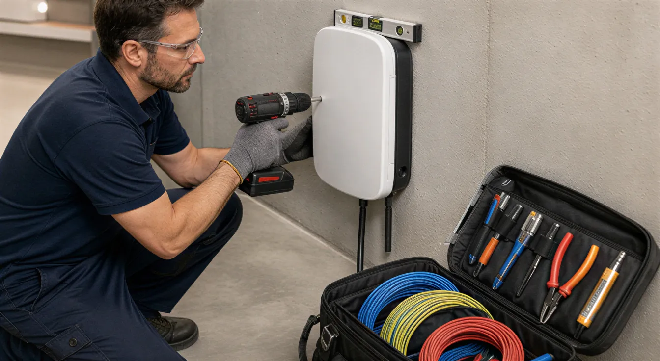 Ein Elektriker montiert eine weiße Ladestation für Elektroautos an einer Betonwand.