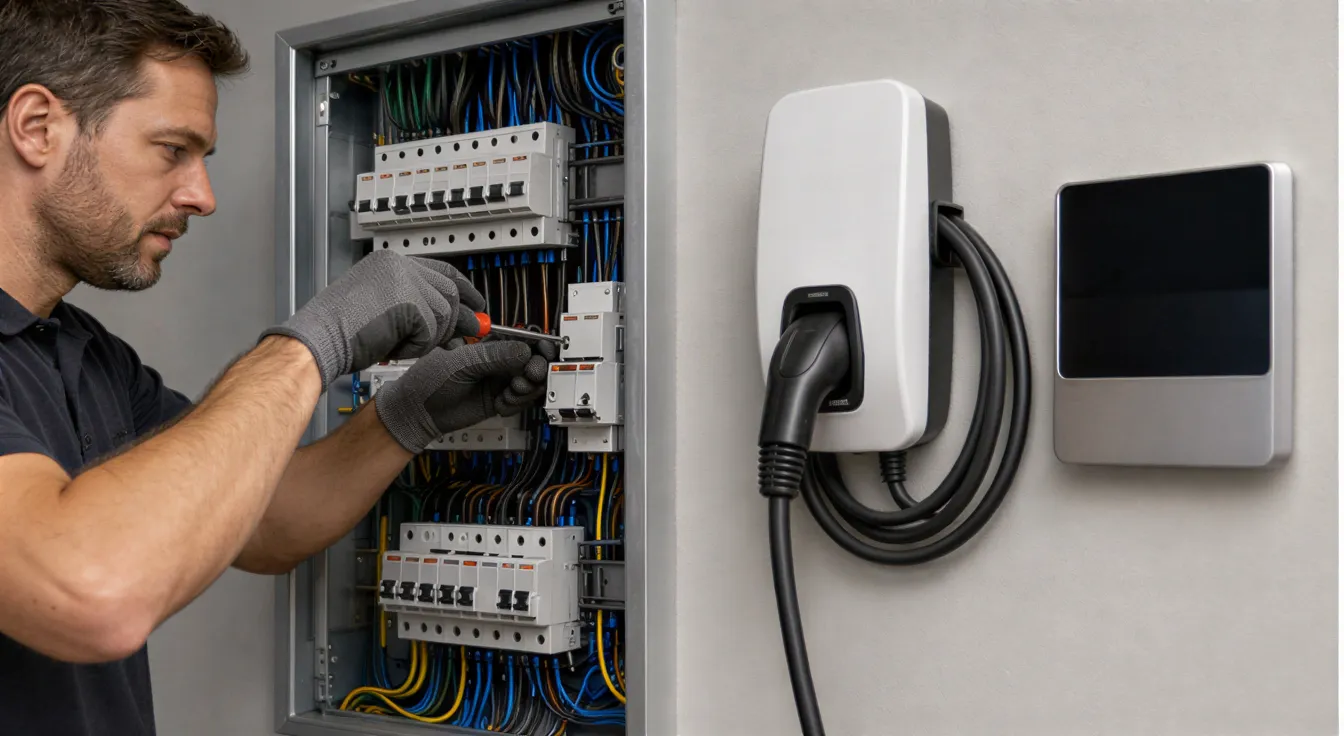 Ein Elektriker installiert einen modernen Sicherungsautomaten in einem sauberen, aufgeräumten Elektroverteilerraum.