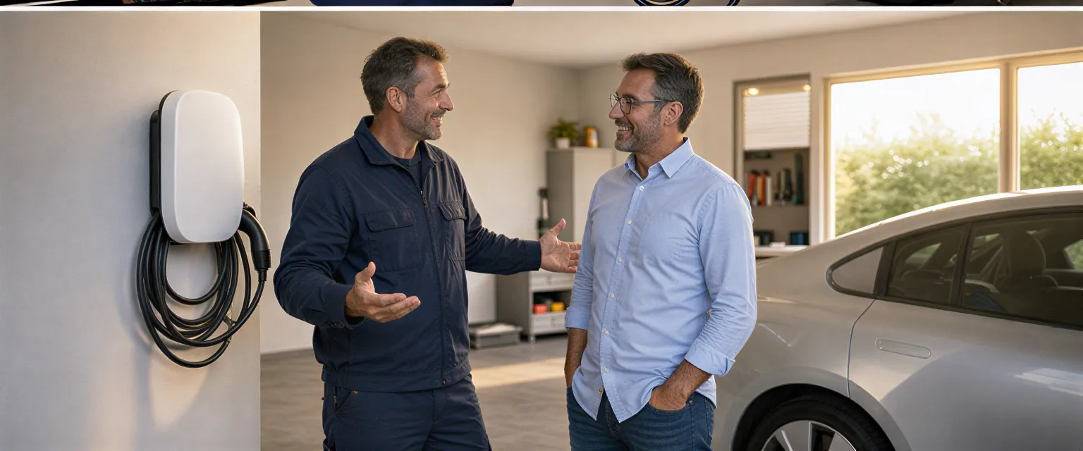 Ein Elektriker in blauer Arbeitskleidung zeigt einem Kunden eine moderne Wallbox-Ladestation in einer sauberen Garage.