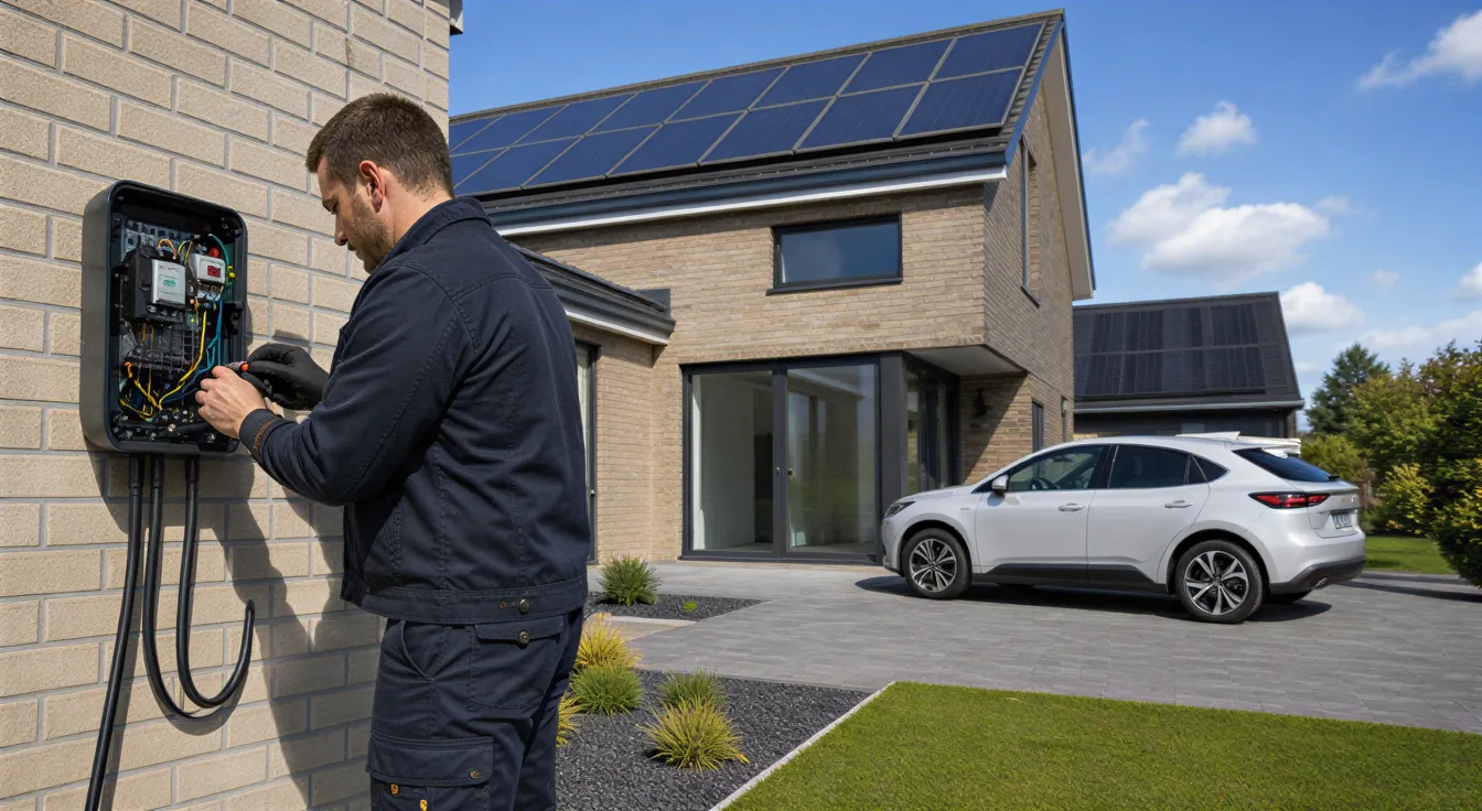Ein Elektriker installiert eine moderne Wallbox an einem Einfamilienhaus mit Solaranlage auf dem Dach.