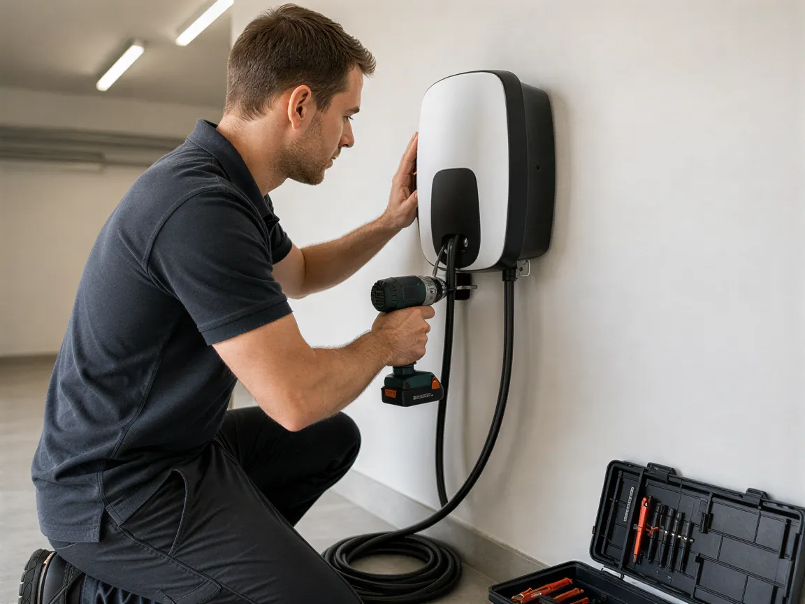 Ein Elektriker installiert eine Wandladestation für Elektroautos an einer hellen Wand in einer sauberen Garage.
