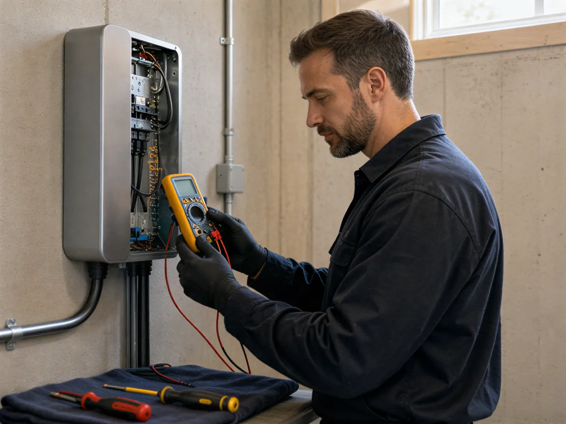 Ein Elektriker installiert eine moderne Wanddose in einem neuen Technikraum und prüft die Anlage mit einem Multimeter.