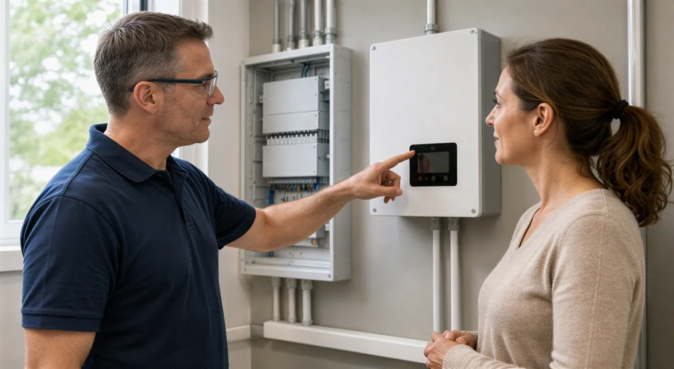 Ein Elektriker erklärt einer Hausbesitzerin die Funktion einer neuen Wärmepumpe im Technikraum.