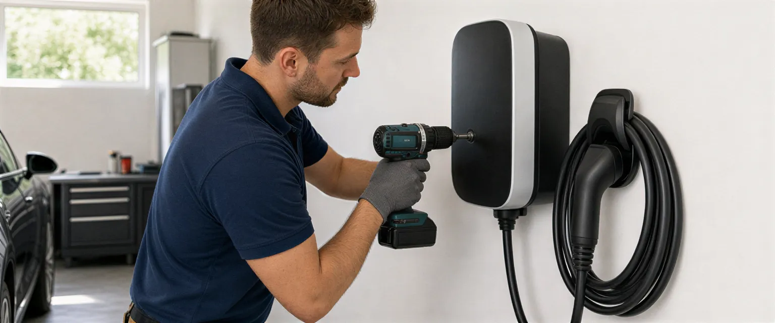 Ein Elektriker installiert eine moderne Wallbox für Elektroautos an einer weißen Garagenwand.