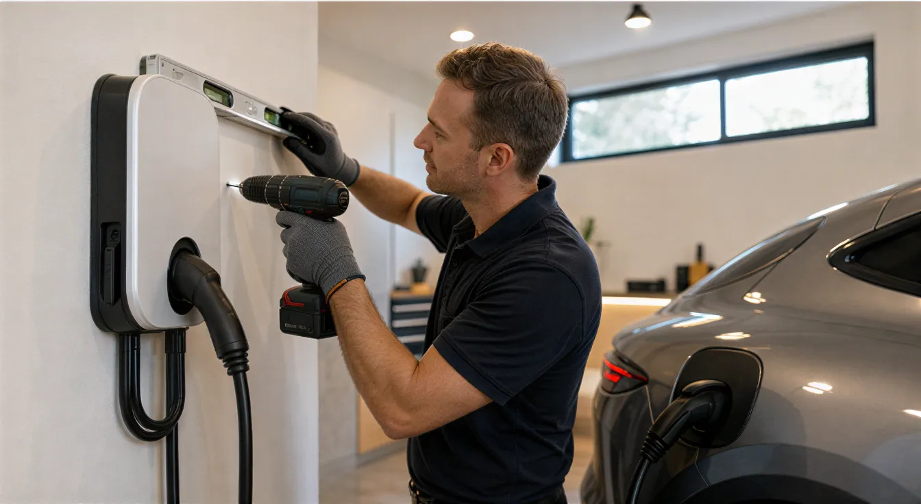 Ein Elektriker installiert eine Wandladestation für Elektroautos in einer modernen Garage.