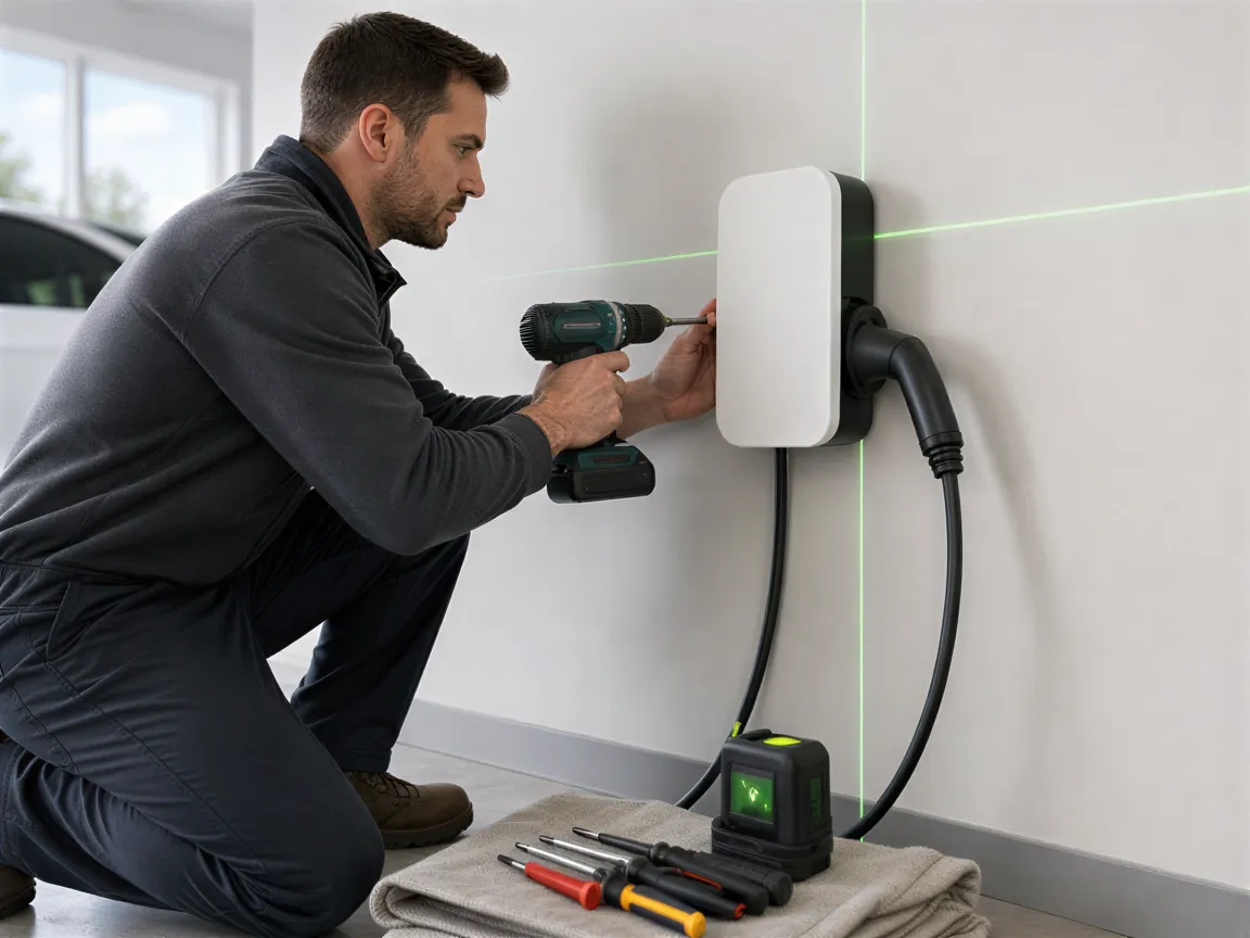 Ein Elektriker installiert eine wandmontierte Ladestation für Elektroautos in einem modernen Wohnraum.