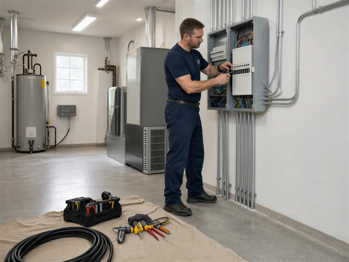 Ein Elektriker in dunkelblauer Arbeitskleidung installiert ein modernes Elektropanel in einem neuen Technikraum.