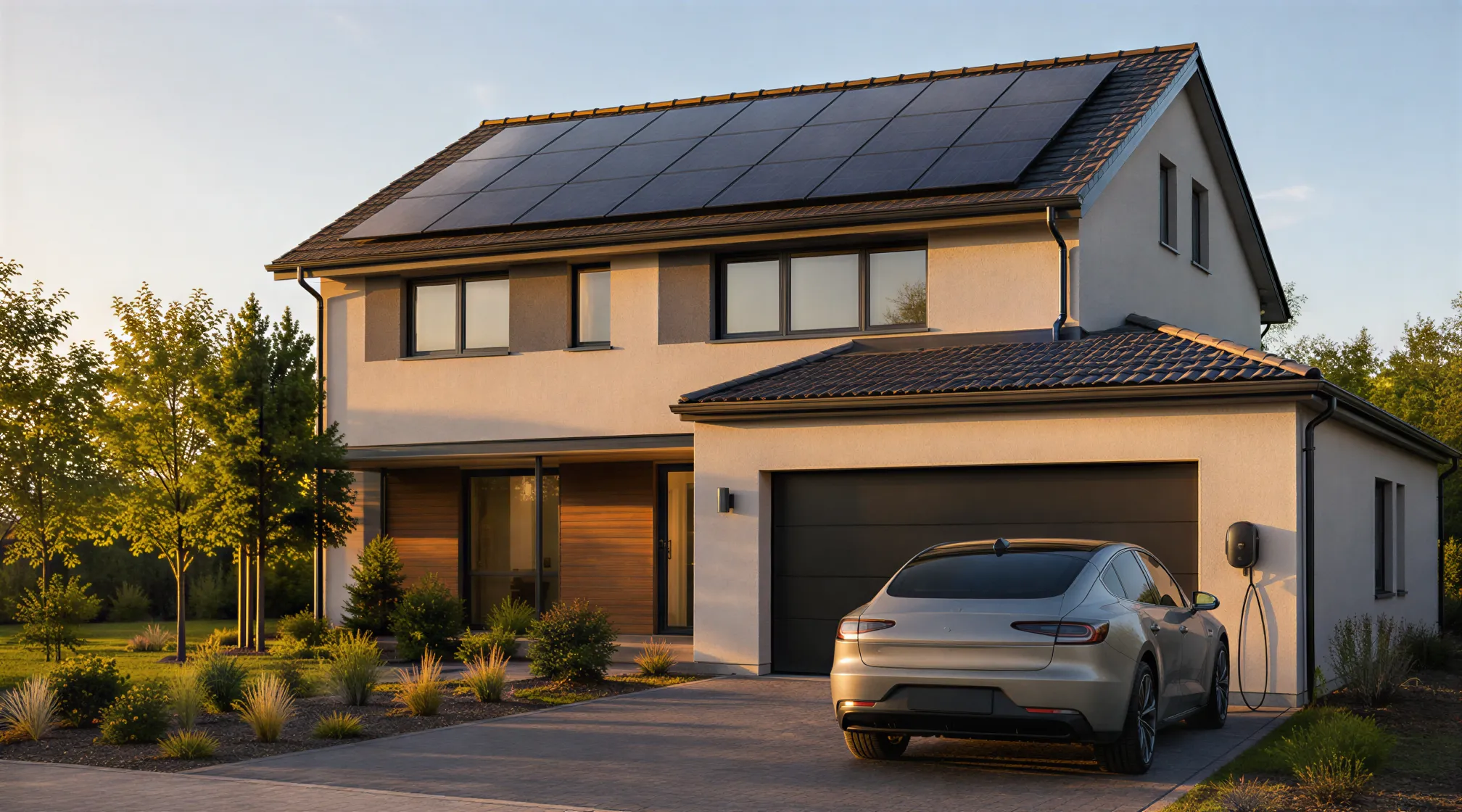 Ein modernes zweistöckiges Haus mit einer neutralen Fassade und einer schlanken Solaranlage auf dem Dach.