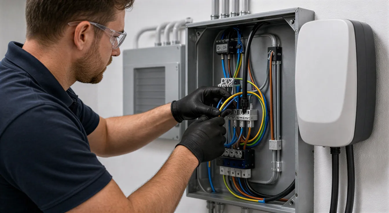 Ein Elektriker in Sicherheitsbrille installiert eine Ladestation in einem grauen Schaltschrank mit farbigen Kabeln.