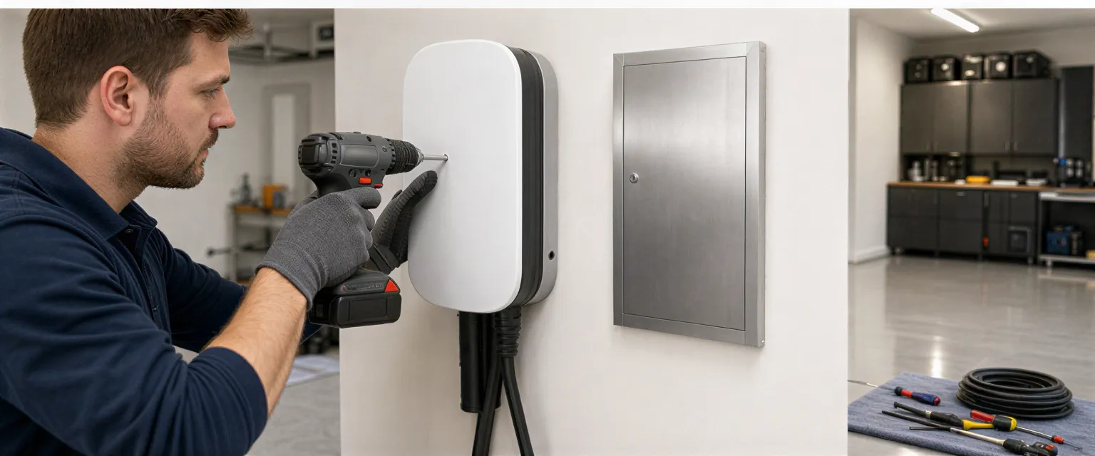 Ein Elektriker installiert eine moderne Wallbox für Elektrofahrzeuge an einer sauberen Garagenwand.