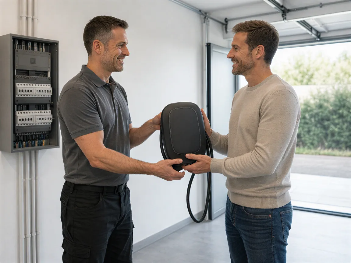 Ein Elektriker übergibt ein graues Wallbox-Ladegerät an einen Hausbesitzer in einer hellen Garage.
