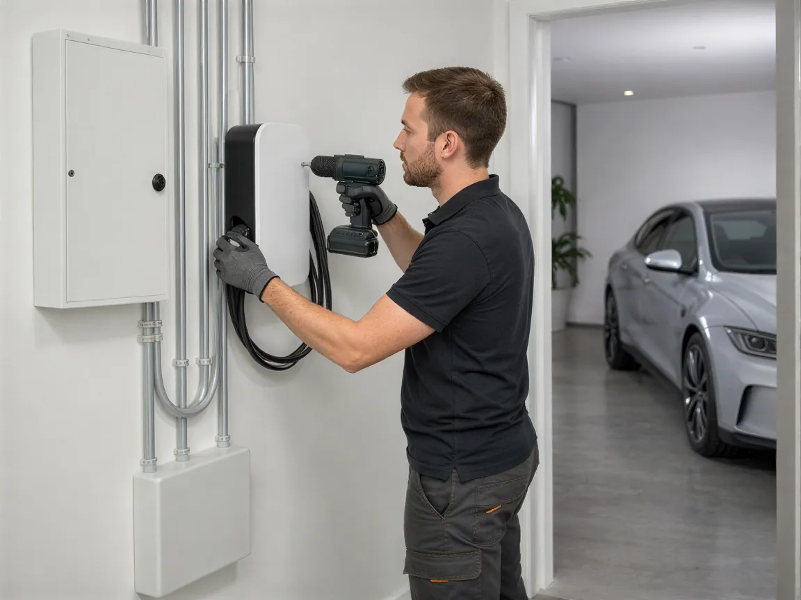 Ein Elektriker installiert eine Wandladestation für Elektroautos in einem modernen Technikraum.
