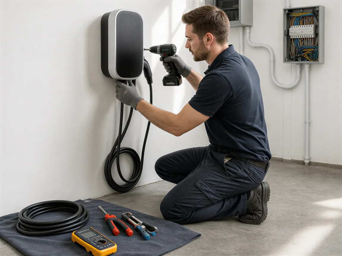Ein Elektriker installiert eine Wandladestation für Elektroautos in einem modernen elektrischen Installationsraum.