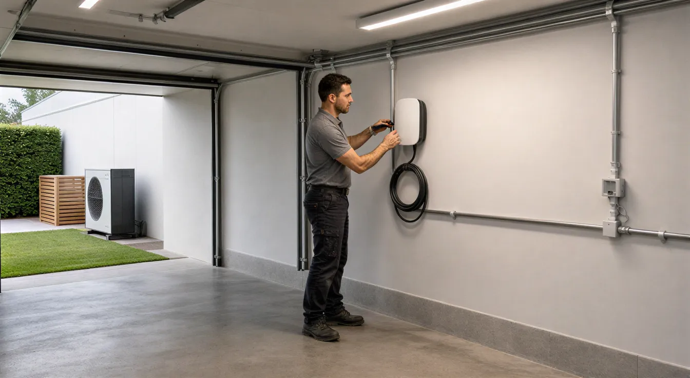 Ein Elektriker installiert eine weiße Wallbox-Ladestation in einer modernen, aufgeräumten Garage.