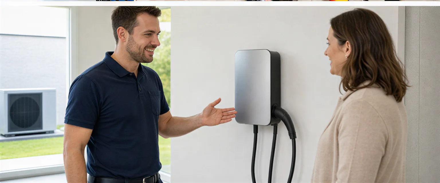 Ein Elektriker erklärt einem Hausbesitzer eine neu installierte Ladestation für Elektroautos in einem modernen Technikraum.