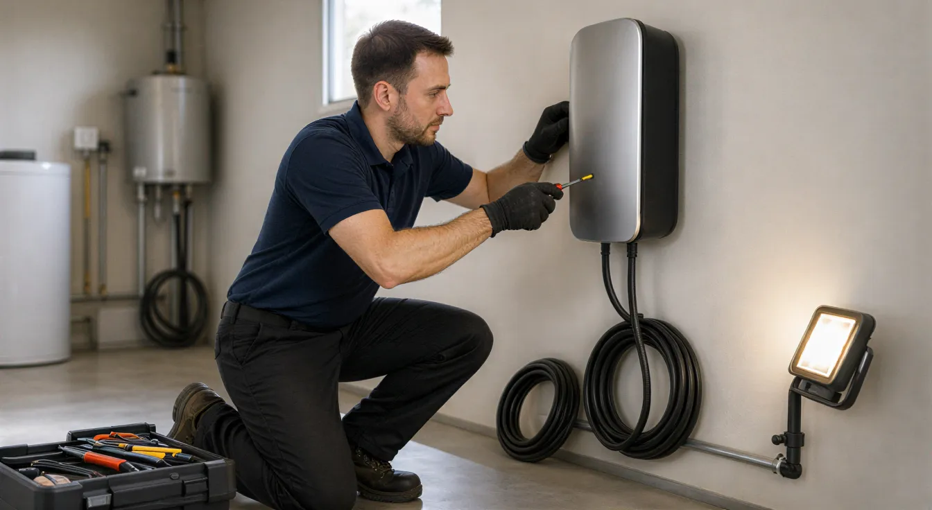 Ein Elektriker installiert eine silberne Wandbox an einer weißen Wand in einem modernen Technikraum.