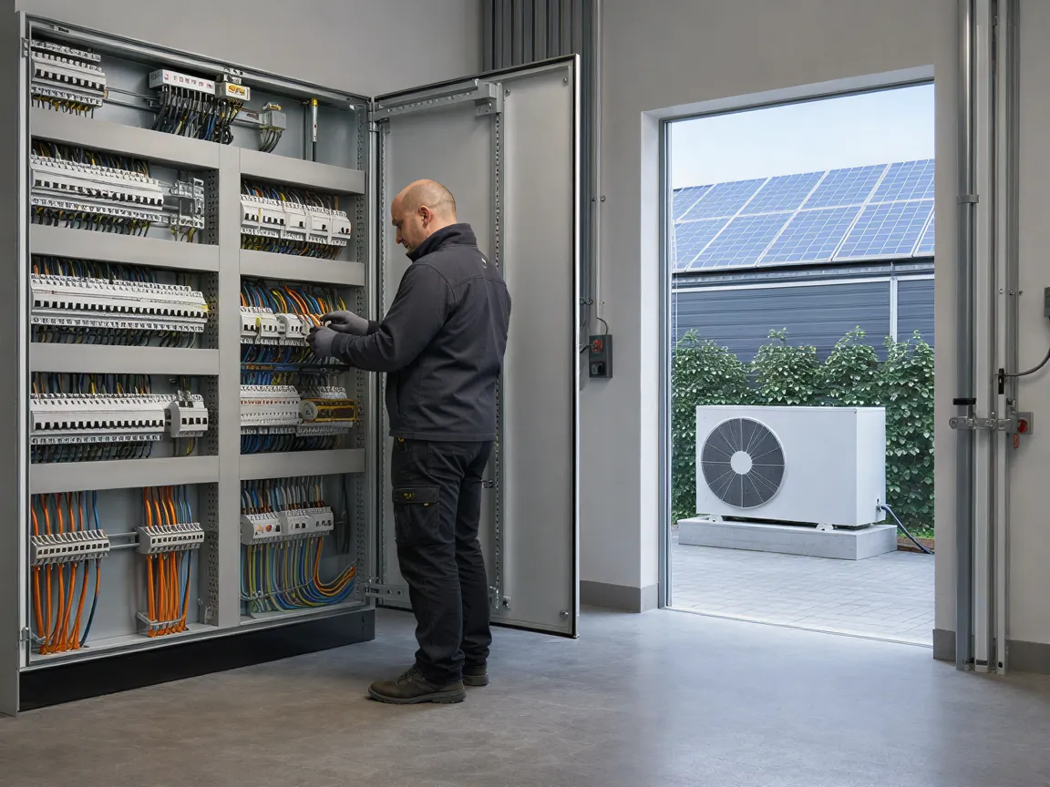 Ein Elektriker verkabelt einen sauberen Schaltschrank in einem modernen Technikraum mit Wärmepumpe im Hintergrund.
